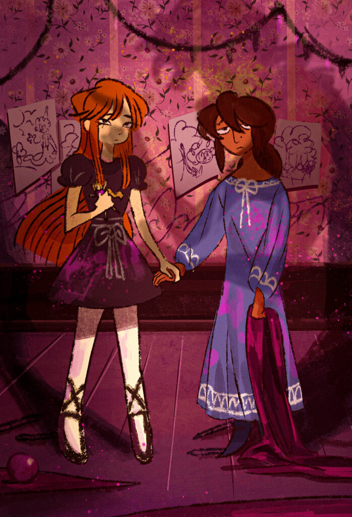 Two girls holding hands Illustration Blanket Girls by Thana Meejinda.
